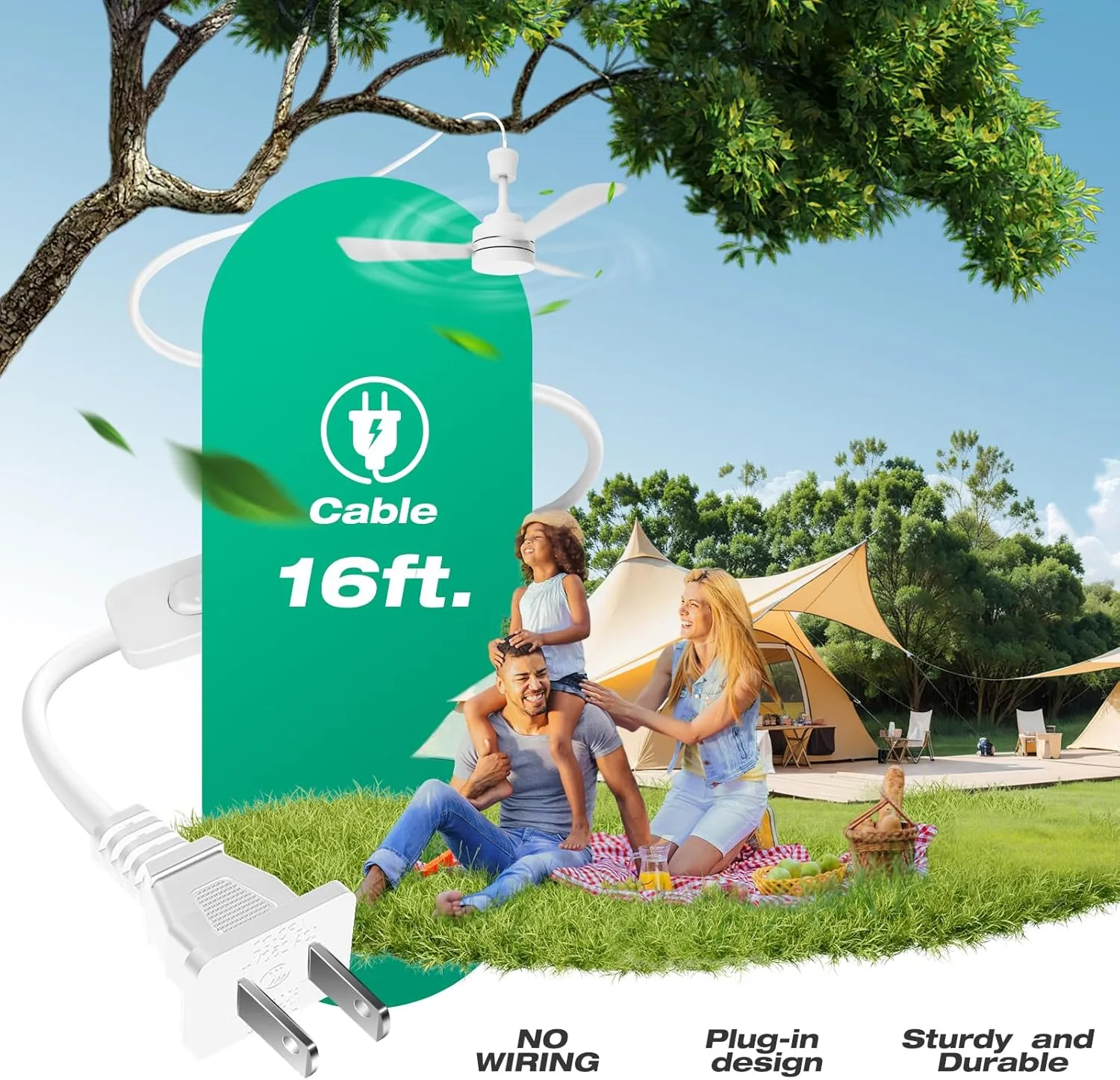 Ceiling Fans with Lights,28" LED Fan Light Hanging with Hook,Hook Type Ceiling Fan,Plug in Ceiling Fan Light,35W,3000-6500k,Remote Control,Portable Fan for Camping Bed,Patios,(White)