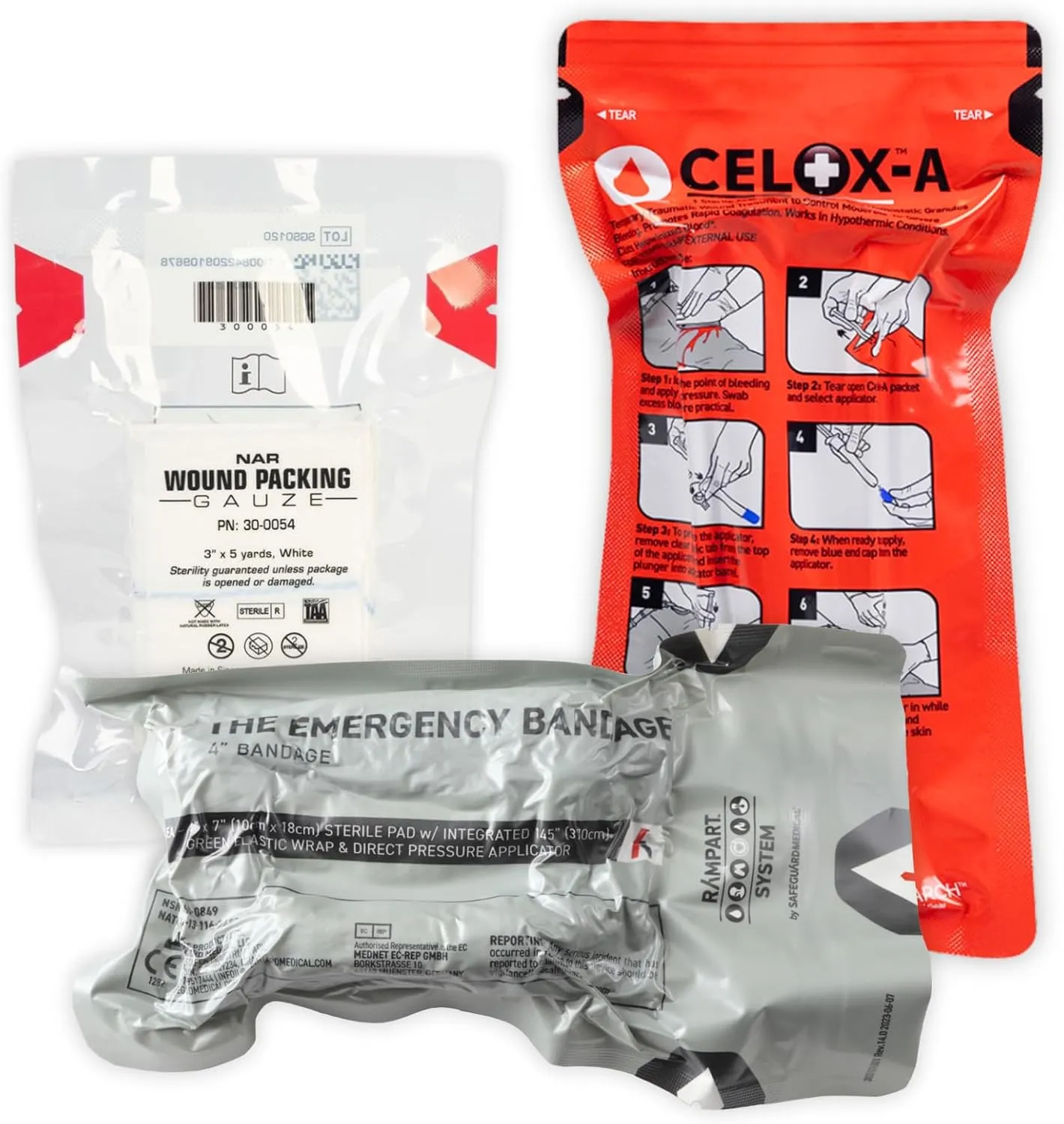Celox 6 Gram Blood Clotting Granule Applicator and Plunger, 3 in. x 5 yd Wound Packing Gauze, 4" Emergency Israeli Bandage | Rapid Hemostatic IFAK Refill