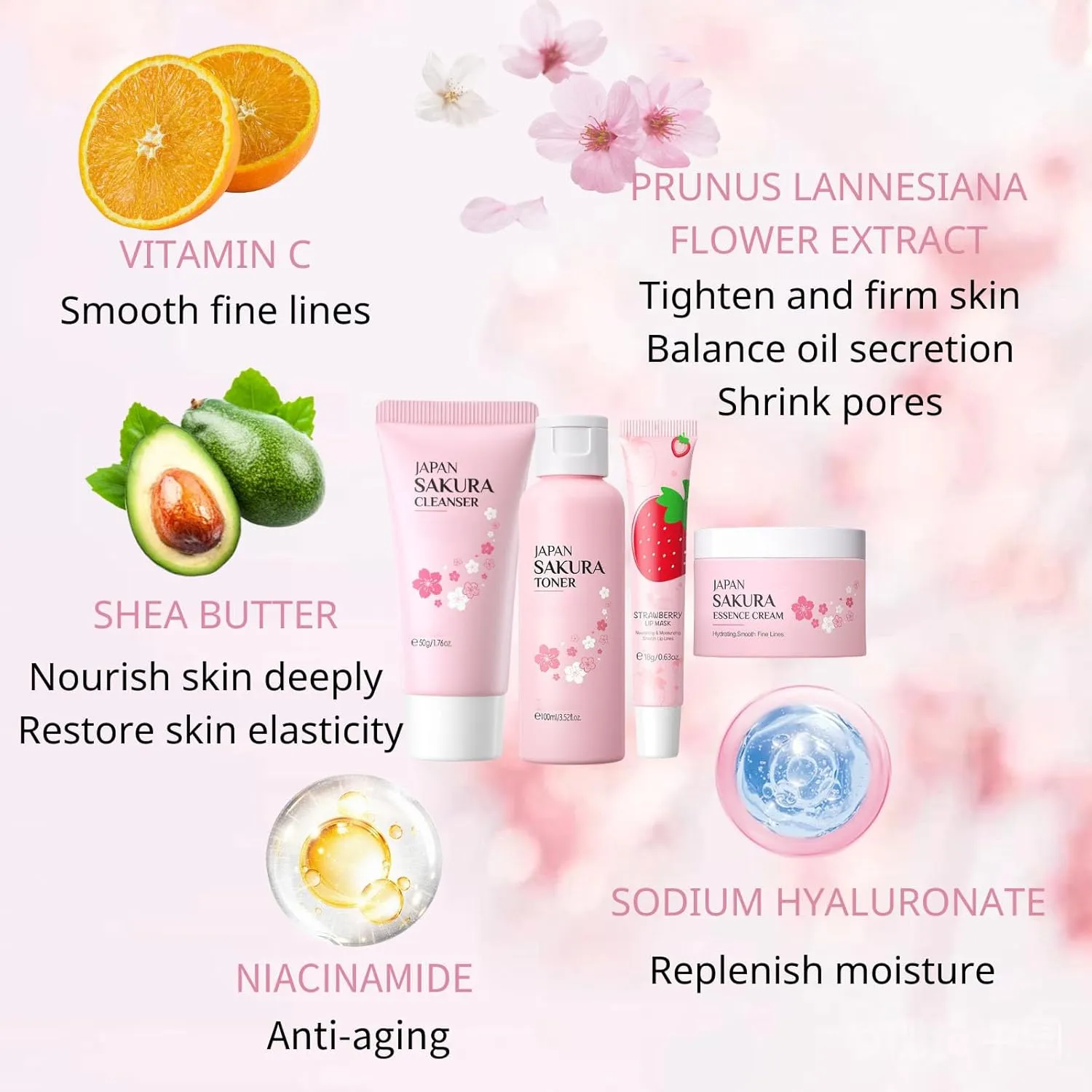 Cherry Blossom Skincare Set Women Gifts - Skin Care Set Hydrating - Skincare for Girls 10-12 Moisturizing - Travel Kit with Cleanser,Toner,Lip Mask,Cream(One Size, Cherry Blossom 6PCS Scent)