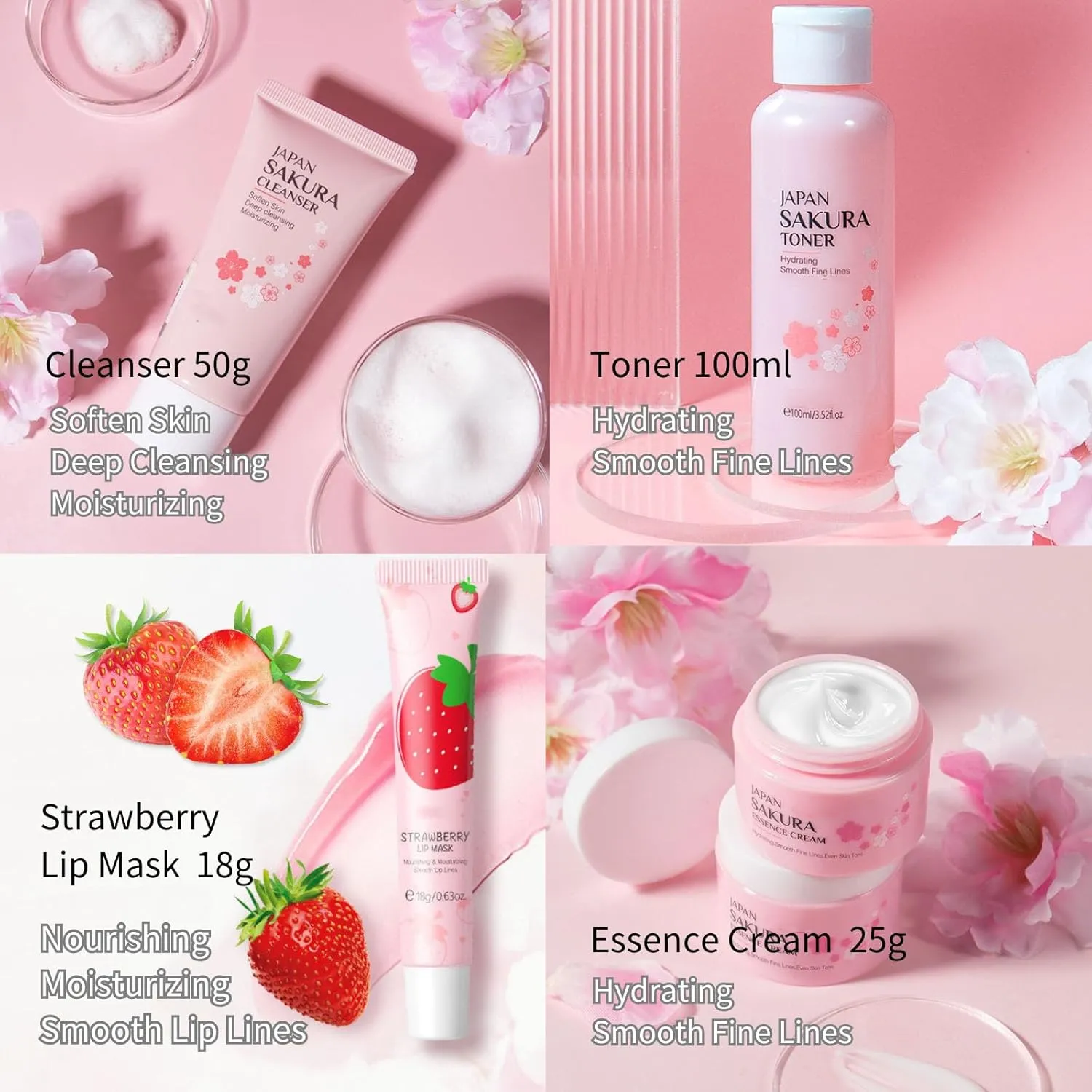 Cherry Blossom Skincare Set Women Gifts - Skin Care Set Hydrating - Skincare for Girls 10-12 Moisturizing - Travel Kit with Cleanser,Toner,Lip Mask,Cream(One Size, Cherry Blossom 6PCS Scent)