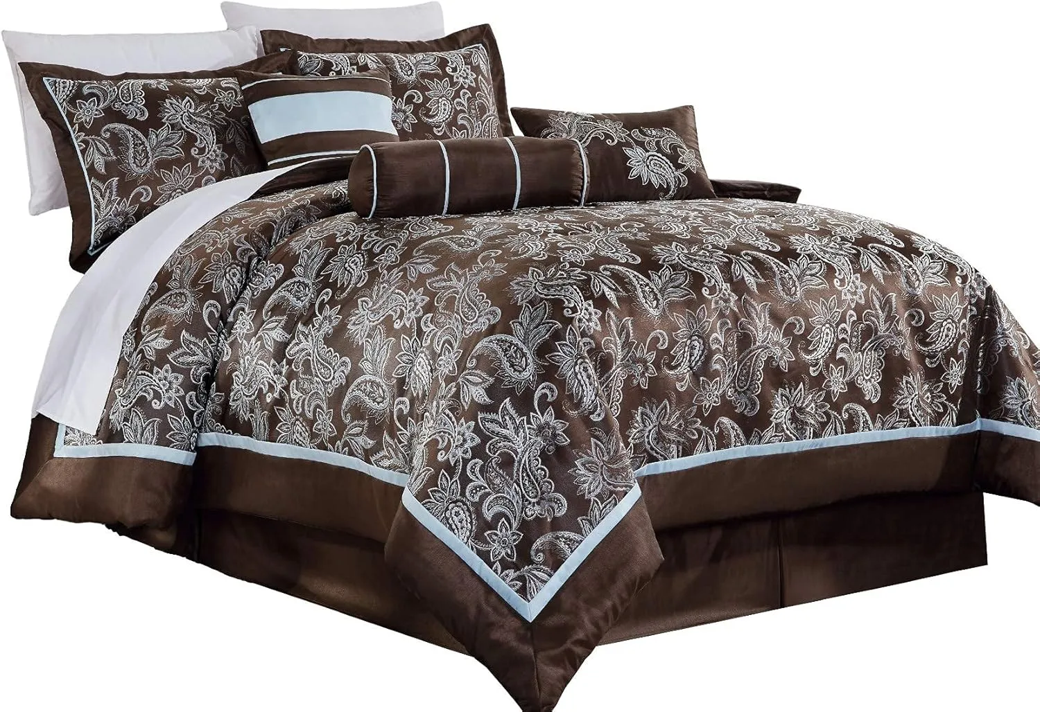 Chezmoi Collection Tuscany 7-Piece Blue Brown Paisley Floral Jacquard Comforter Bedding Set, Queen Size