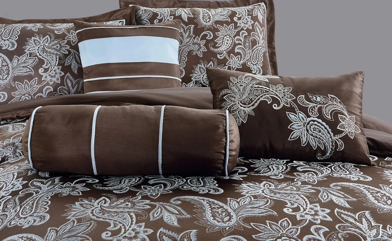 Chezmoi Collection Tuscany 7-Piece Blue Brown Paisley Floral Jacquard Comforter Bedding Set, Queen Size