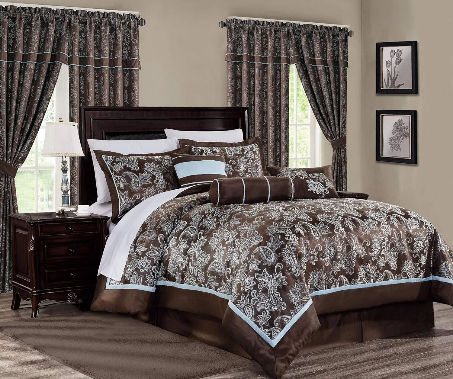 Chezmoi Collection Tuscany 7-Piece Blue Brown Paisley Floral Jacquard Comforter Bedding Set, Queen Size