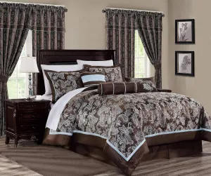 Chezmoi Collection Tuscany 7-Piece Blue Brown Paisley Floral Jacquard Comforter Bedding Set, Queen Size
