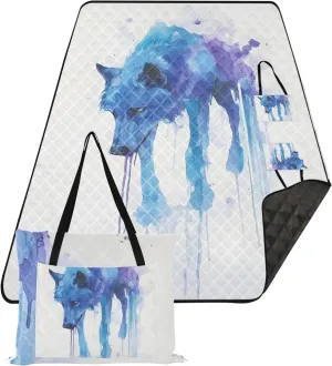 CHIFIGNO Abstract Blue Watercolor Wolf Art Beach Mat Waterproof Sandproof Large Mat Picnic Blanket Cute Lawn Blanket for Grass Mat 80" x 60"