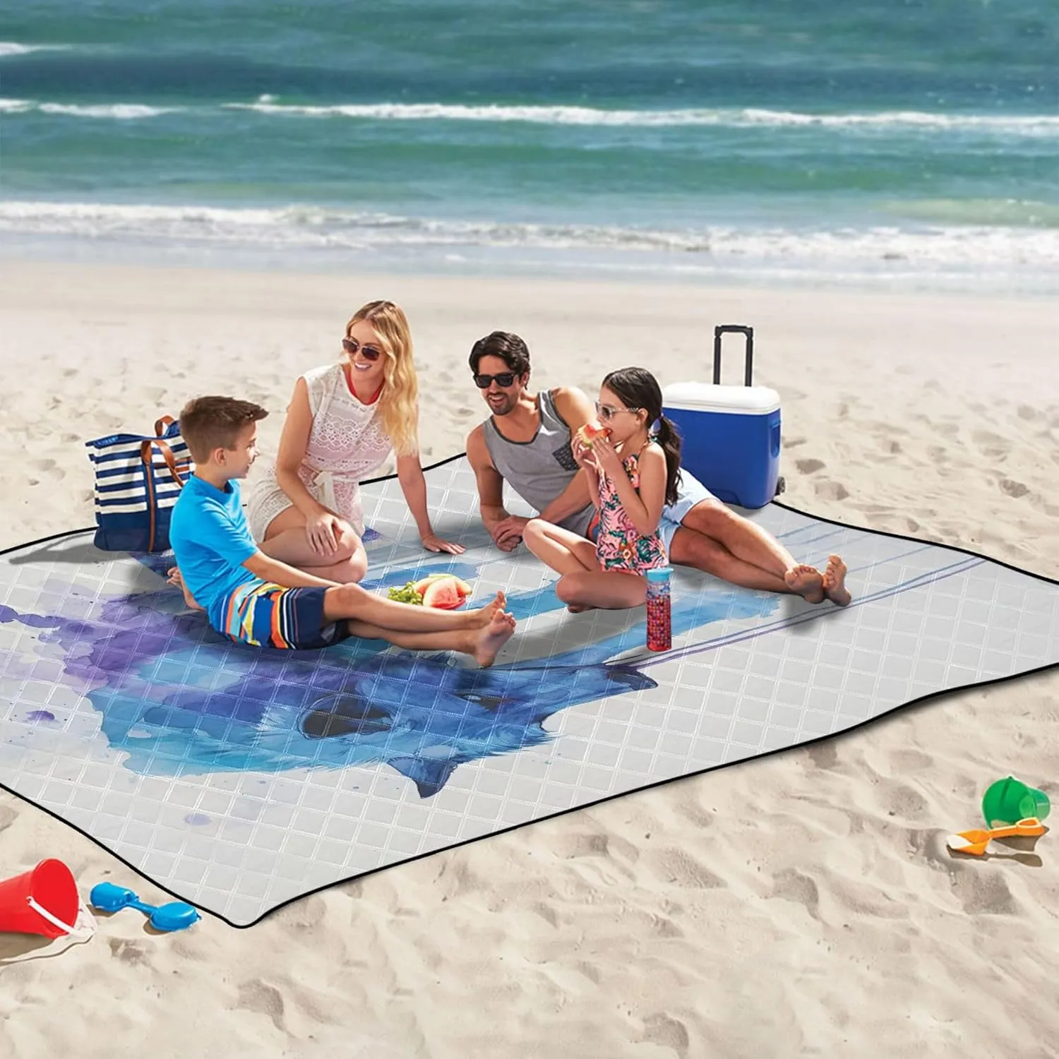 CHIFIGNO Abstract Blue Watercolor Wolf Art Beach Mat Waterproof Sandproof Large Mat Picnic Blanket Cute Lawn Blanket for Grass Mat 80" x 60"
