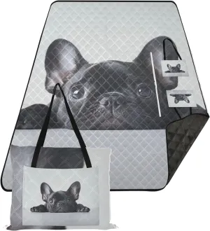 CHIFIGNO Adorable French Bulldog Puppy Cute Picnic Mat Foldable Beach Blanket Waterproof Sandproof Print Outdoor Mat for Camping 80" x 60"