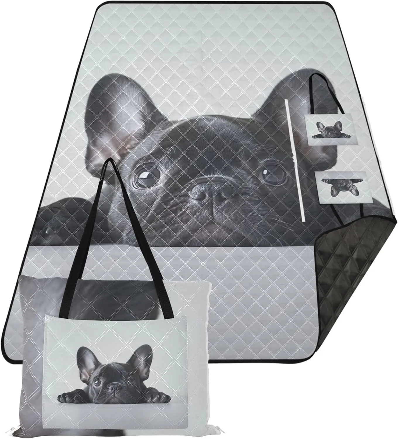 CHIFIGNO Adorable French Bulldog Puppy Cute Picnic Mat Foldable Beach Blanket Waterproof Sandproof Print Outdoor Mat for Camping 80" x 60"