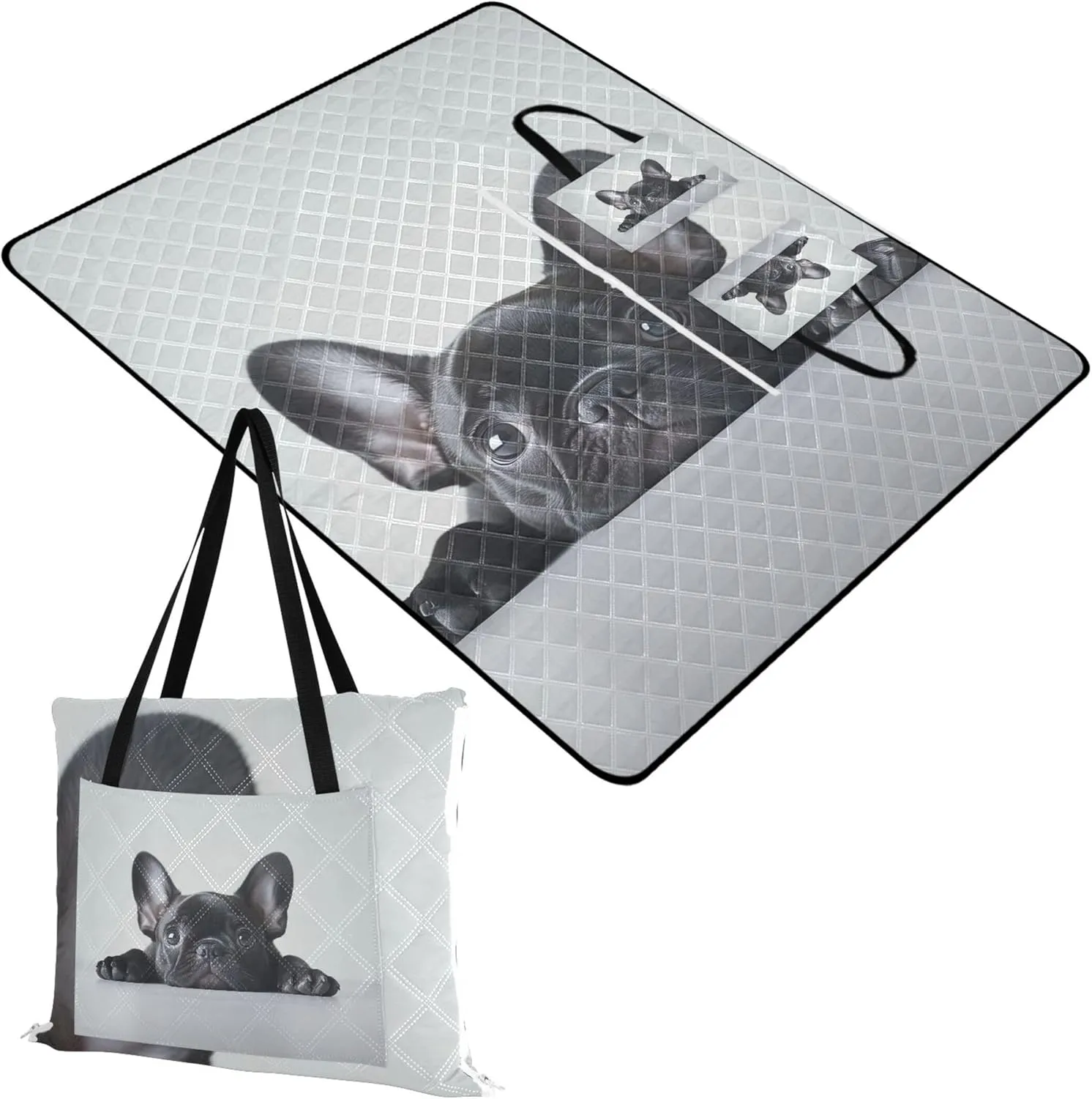 CHIFIGNO Adorable French Bulldog Puppy Cute Picnic Mat Foldable Beach Blanket Waterproof Sandproof Print Outdoor Mat for Camping 80" x 60"