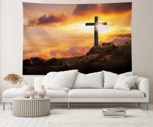 CHNYWORK 236x118 Inches Jesus Christ Cross Tapestry Wall Hanging Cross on The Mountain Top Sunset Sky Background Crucifixion Church Event Background for Living Room Bedroom College Dorm Wall Decor
