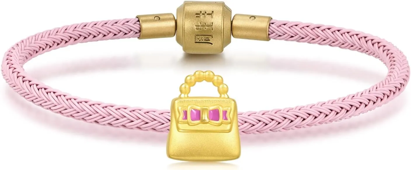 CHOW SANG SANG 999 24K Solid Gold Mini Charm Cute Ribbon Bowtie Handbag Charm Bracelet for Women 93867C