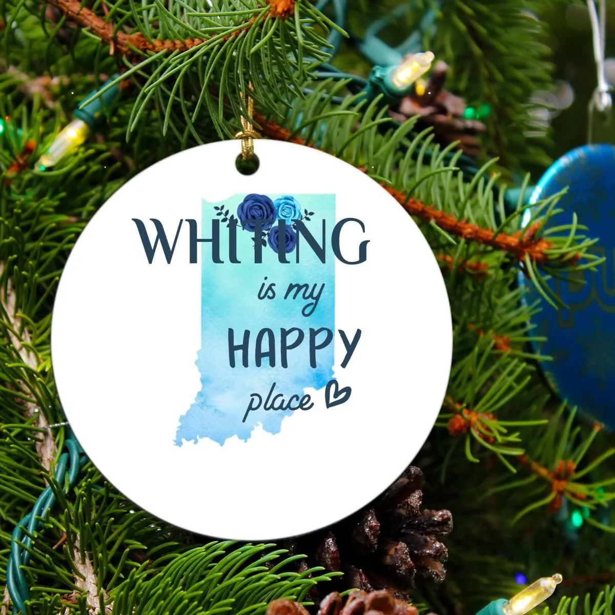 Christmas 2023 Gift Keepsake Ornament Whiting Indiana is My Happy Place - Xmas Decoration Tree for Holiday Memories Rustic Gift Family MDF Plastic 3" White