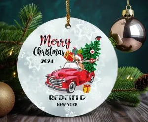 Christmas Red Metal Pickup Truck Xmas Tree Ornaments 2020 With Name City State Redfield New York Xmas Ornament Holidays Party Decoration for Home Decor Funny Gift Family Friend