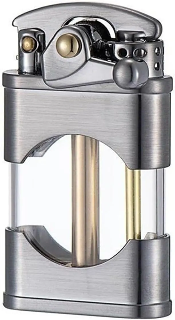 Cigar Lighter, Windproof and Waterproof Kerosene Lighter ，with Clear Canister Vintage Wheel Flint Metal Lighter Collectible Gift Barbecue Men's Gadgets(C)