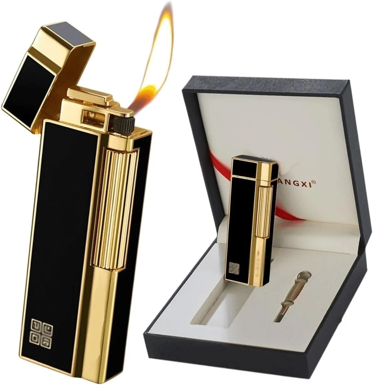 Classic Metal Lighter, Soft Flame Lighters with Adjustable Flame Dial,Vertical Ignition Roller, Gift Men Women (Color : Black Gold)