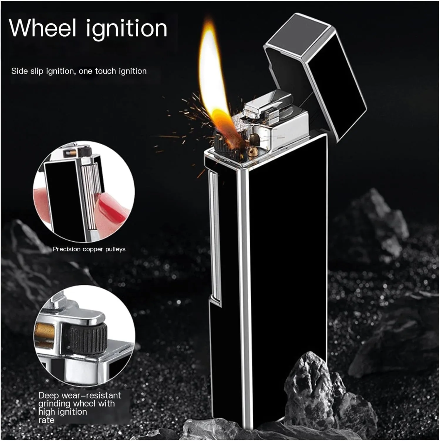 Classic Metal Lighter, Soft Flame Lighters with Adjustable Flame Dial,Vertical Ignition Roller, Gift Men Women (Color : Black Gold)