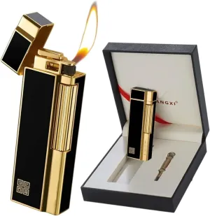 Classic Metal Lighter, Soft Flame Lighters with Adjustable Flame Dial,Vertical Ignition Roller, Gift Men Women (Color : Black Gold)