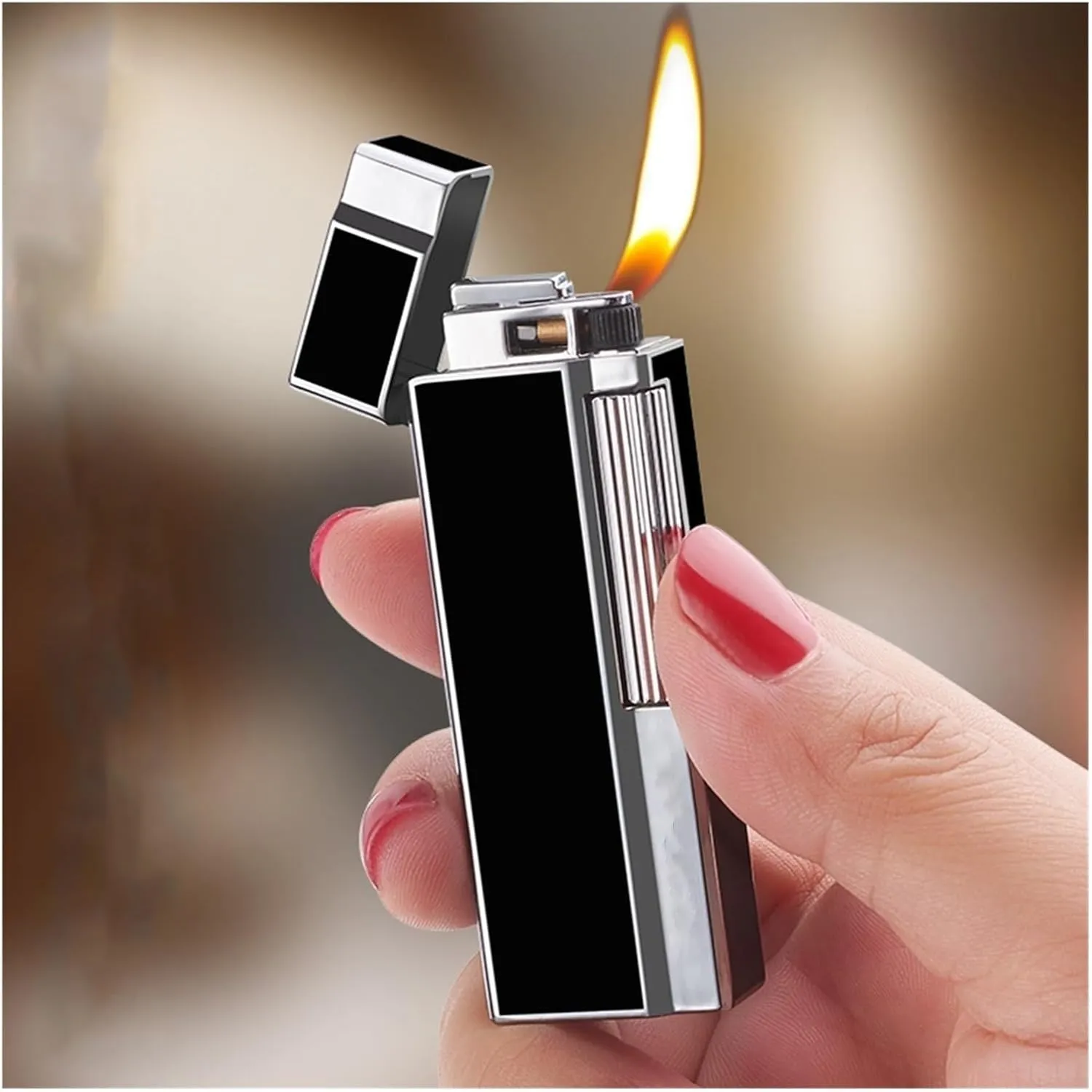 Classic Metal Lighter, Soft Flame Lighters with Adjustable Flame Dial,Vertical Ignition Roller, Gift Men Women (Color : Black Gold)