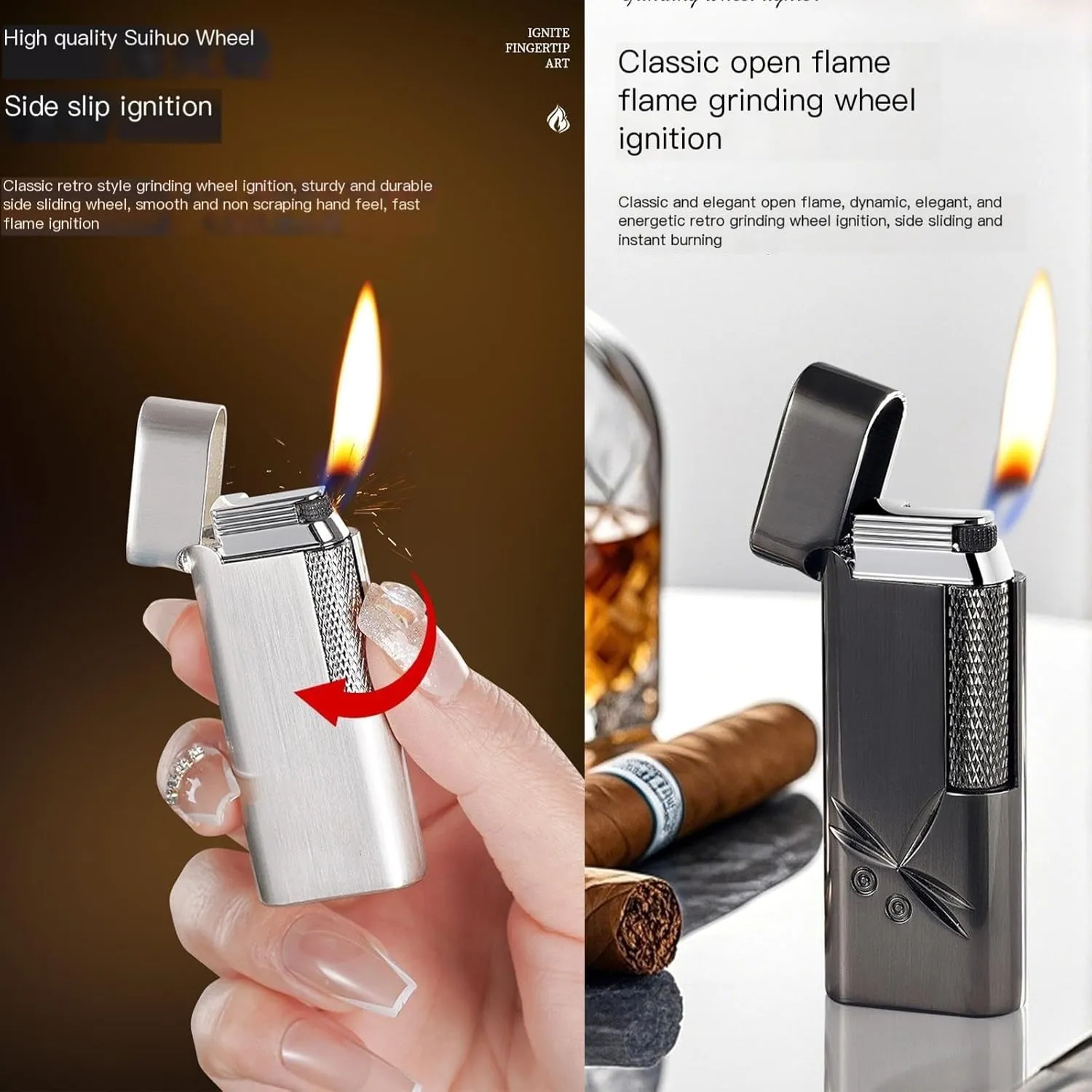 Classic Soft Flame Flint Wheel Butane Gas Refillable Lighter with Adjustable Flame Control(Gold1)