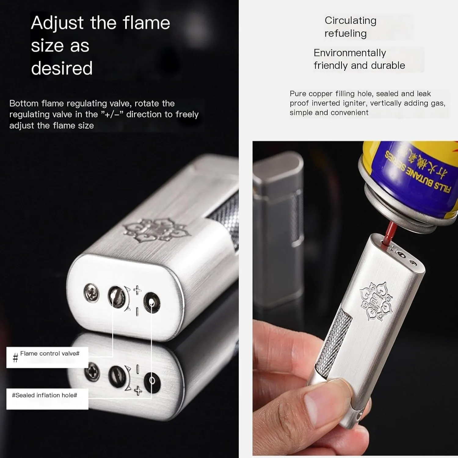 Classic Soft Flame Flint Wheel Butane Gas Refillable Lighter with Adjustable Flame Control(Gold1)