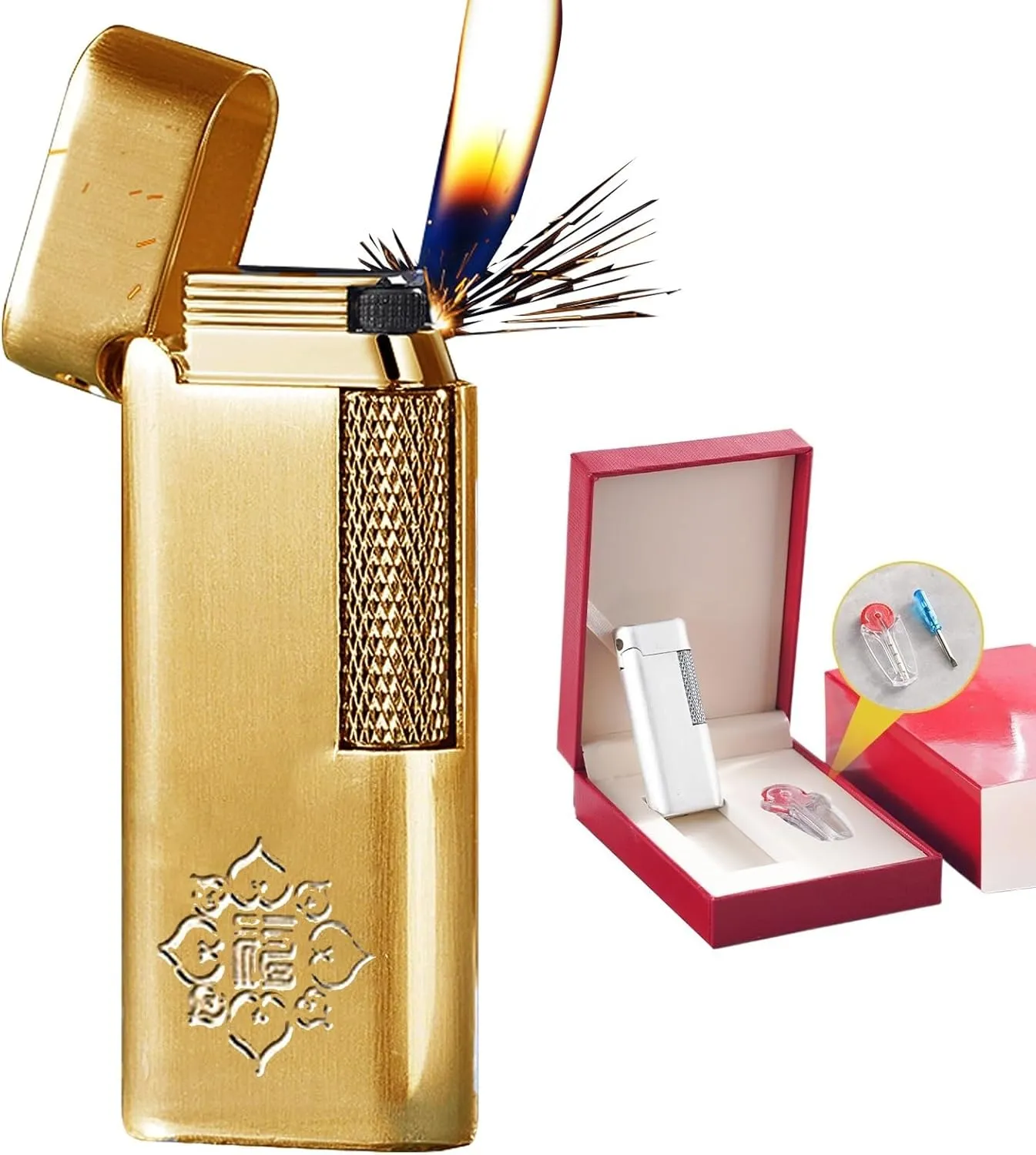 Classic Soft Flame Flint Wheel Butane Gas Refillable Lighter with Adjustable Flame Control(Gold1)