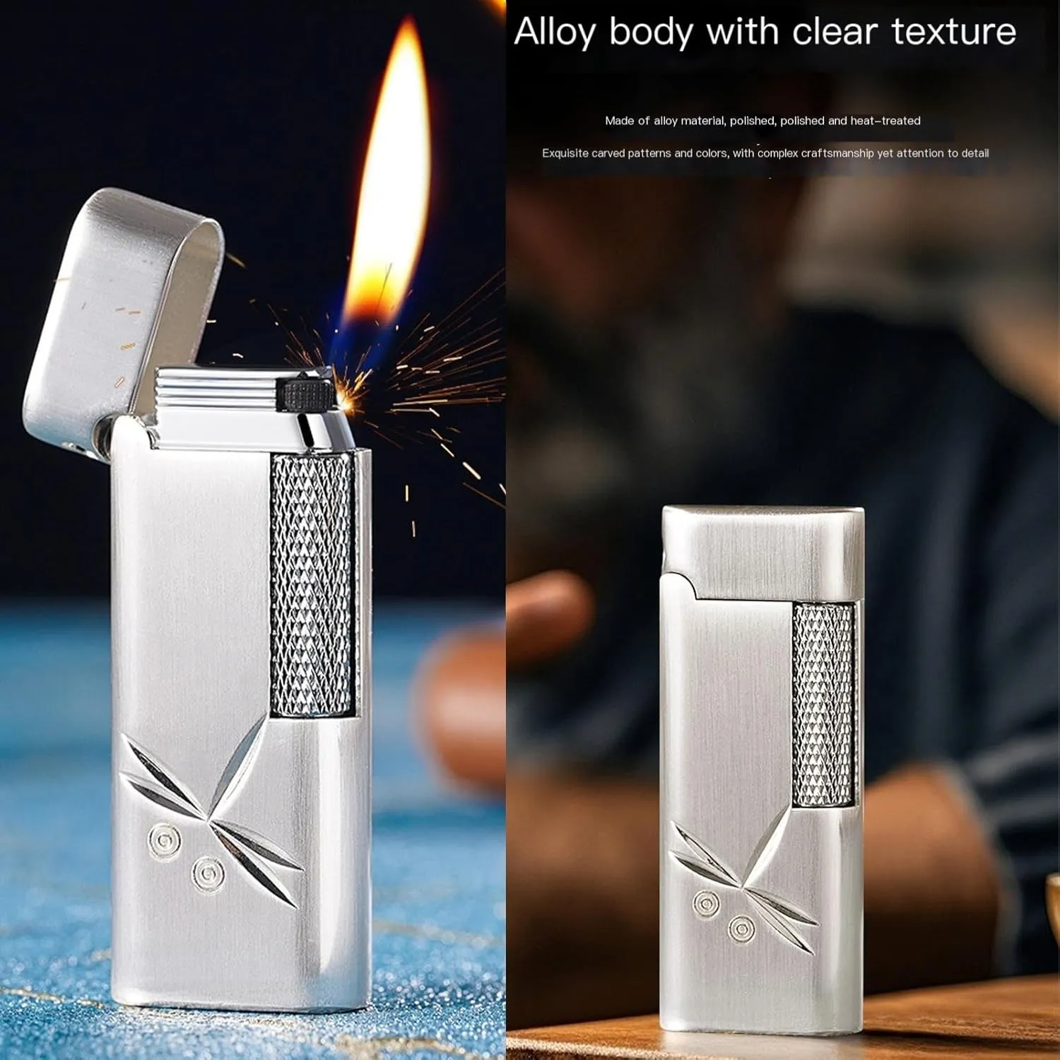 Classic Soft Flame Flint Wheel Butane Gas Refillable Lighter with Adjustable Flame Control(Gold1)