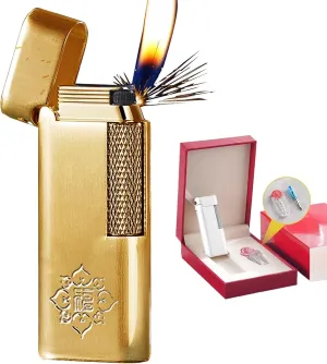 Classic Soft Flame Flint Wheel Butane Gas Refillable Lighter with Adjustable Flame Control(Gold1)