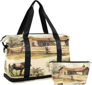 Classical Farm Motif Sports Gym Bag with Waterproof Dry Wet Pocket, Travel Duffel Bag for Women Men，Workout Bag Fits Yoga, Swimming