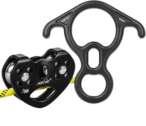 Climbing Descender 50KN Aluminum Alloy Figure 8 Descender Large Bent-Ear Belaying Rappelling Gear Zip Line Pulley Durable Aluminum Stainless Steel Roller Double Climbing Pulley 25KN for Hauling Rescue