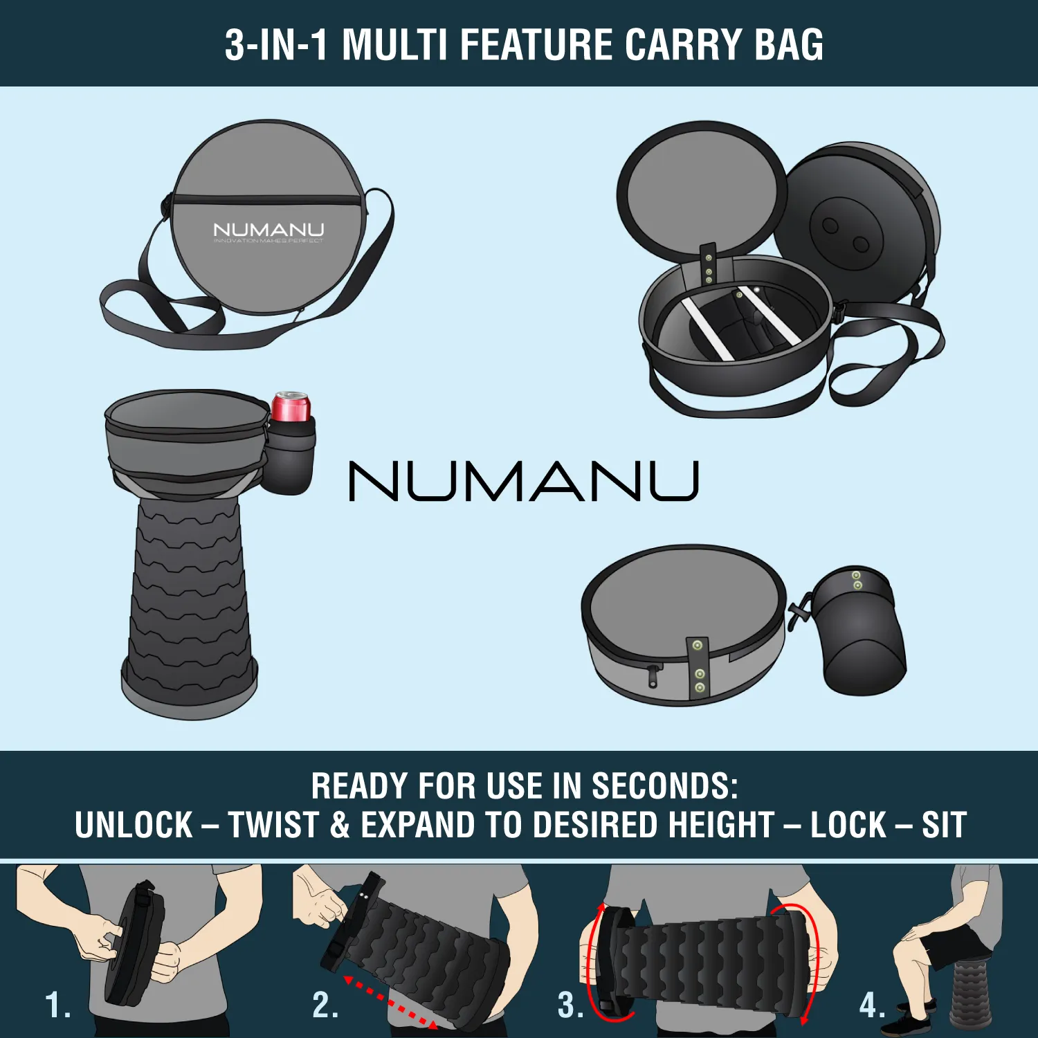 Collapsible Stool & 3-IN-1 Carry Bag / Pad   Drink Holder