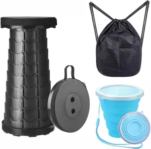 Collapsible Stool with Collapsible Cup & Shoulder Bag, Portable Folding Stool Bearing Load Capacity 400lbs, Telescopic Stool for Outdoor Camping Fishing Hiking BBQ(Black)