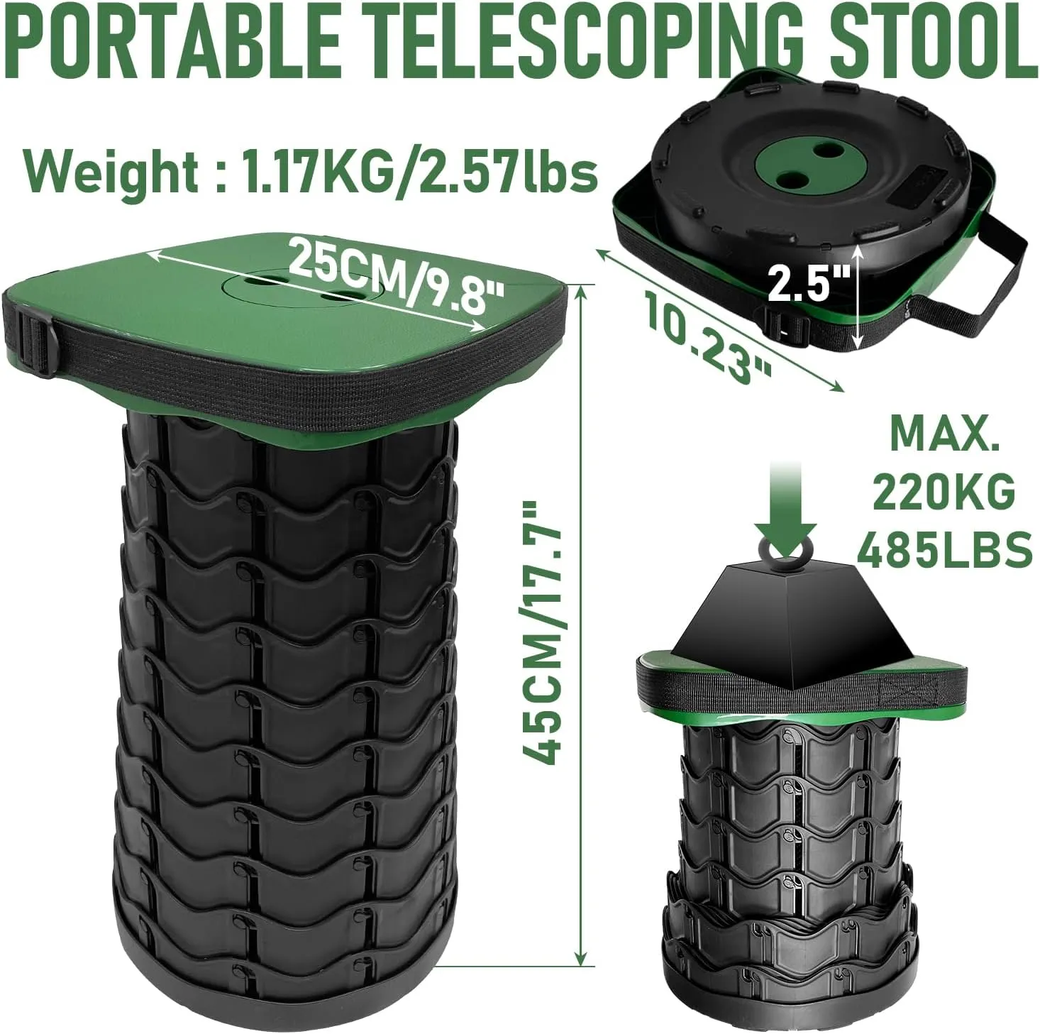 Collapsible Stools Folding Chair, Upgrade Square Telescoping Stool, Portable Retractable Stool Foldable Stools for Camping Gardening Fishing Hiking BBQ (Green)