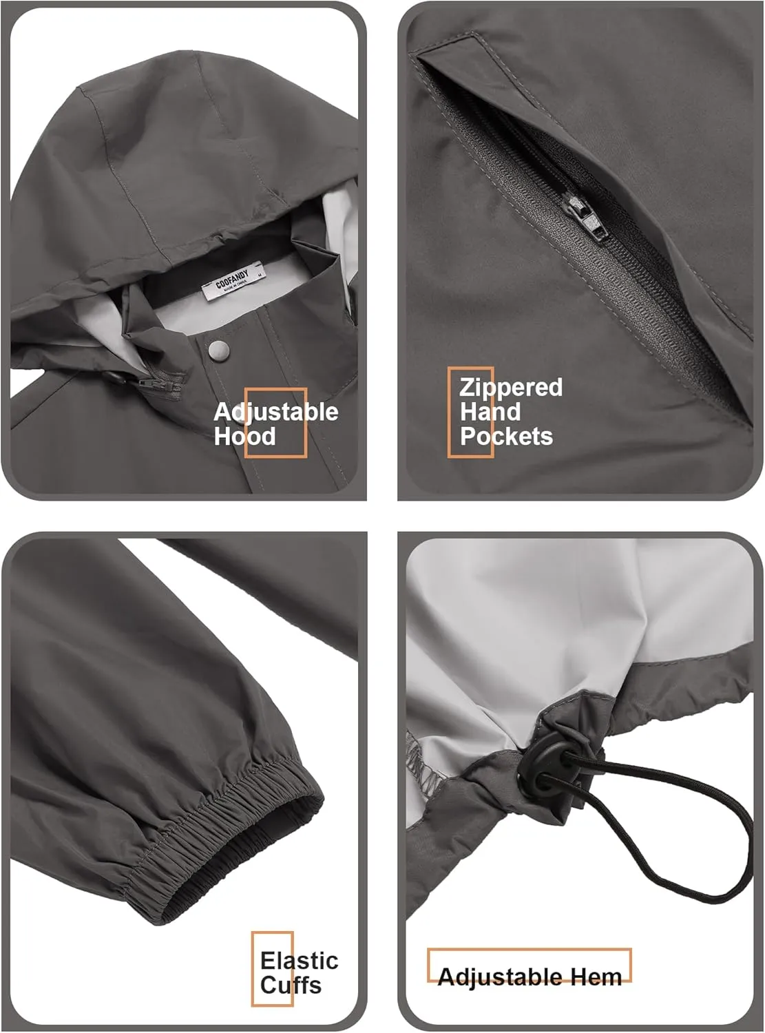 COOFANDY Men's Rain Jacket Waterproof Packable Raincoat Lightweight Rain Shell Hood Travel Golf Hiking Cycling Zip Pockets