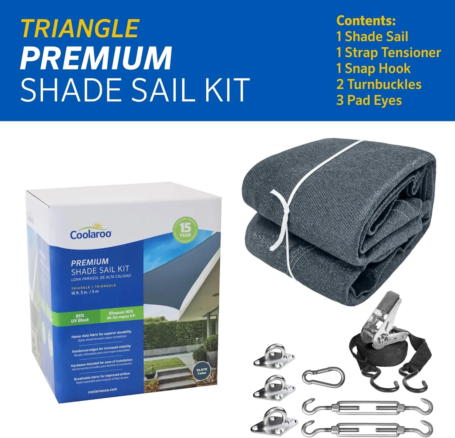 Coolaroo 16'5" Premium Shade Sail Kit, Triangle - Slate