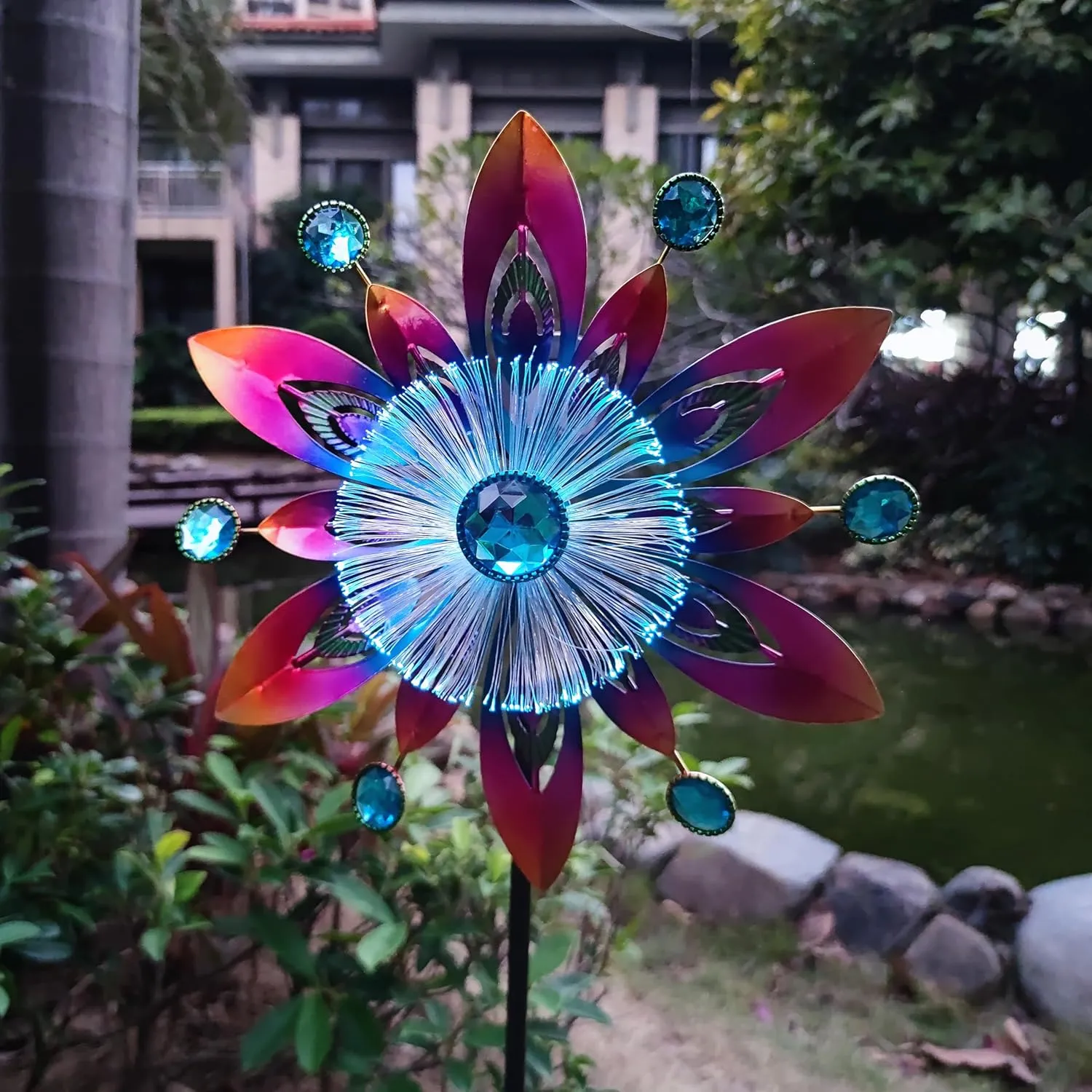 COOZZYHOR Soalr Wind Spinners Garden Stake,42 Inch Metal Peacock Feather Fiber Optic Windmills,Wind Sculpture Decor for Lawn, Patio&Yard Outdoor Decorations
