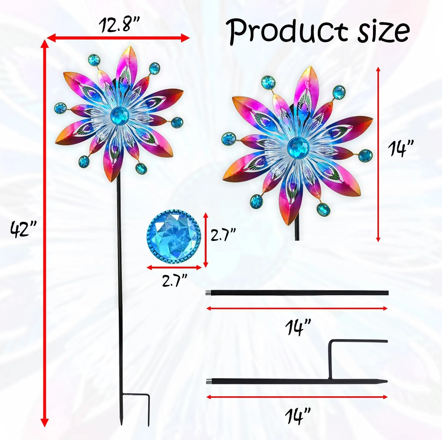 COOZZYHOR Soalr Wind Spinners Garden Stake,42 Inch Metal Peacock Feather Fiber Optic Windmills,Wind Sculpture Decor for Lawn, Patio&Yard Outdoor Decorations