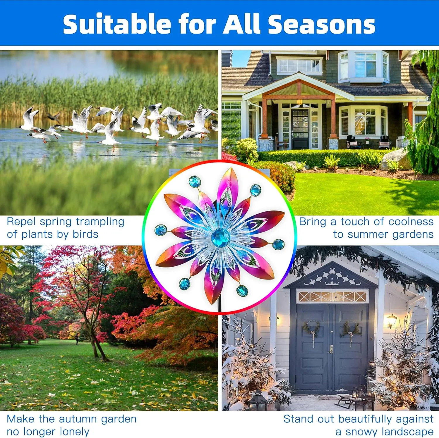 COOZZYHOR Soalr Wind Spinners Garden Stake,42 Inch Metal Peacock Feather Fiber Optic Windmills,Wind Sculpture Decor for Lawn, Patio&Yard Outdoor Decorations