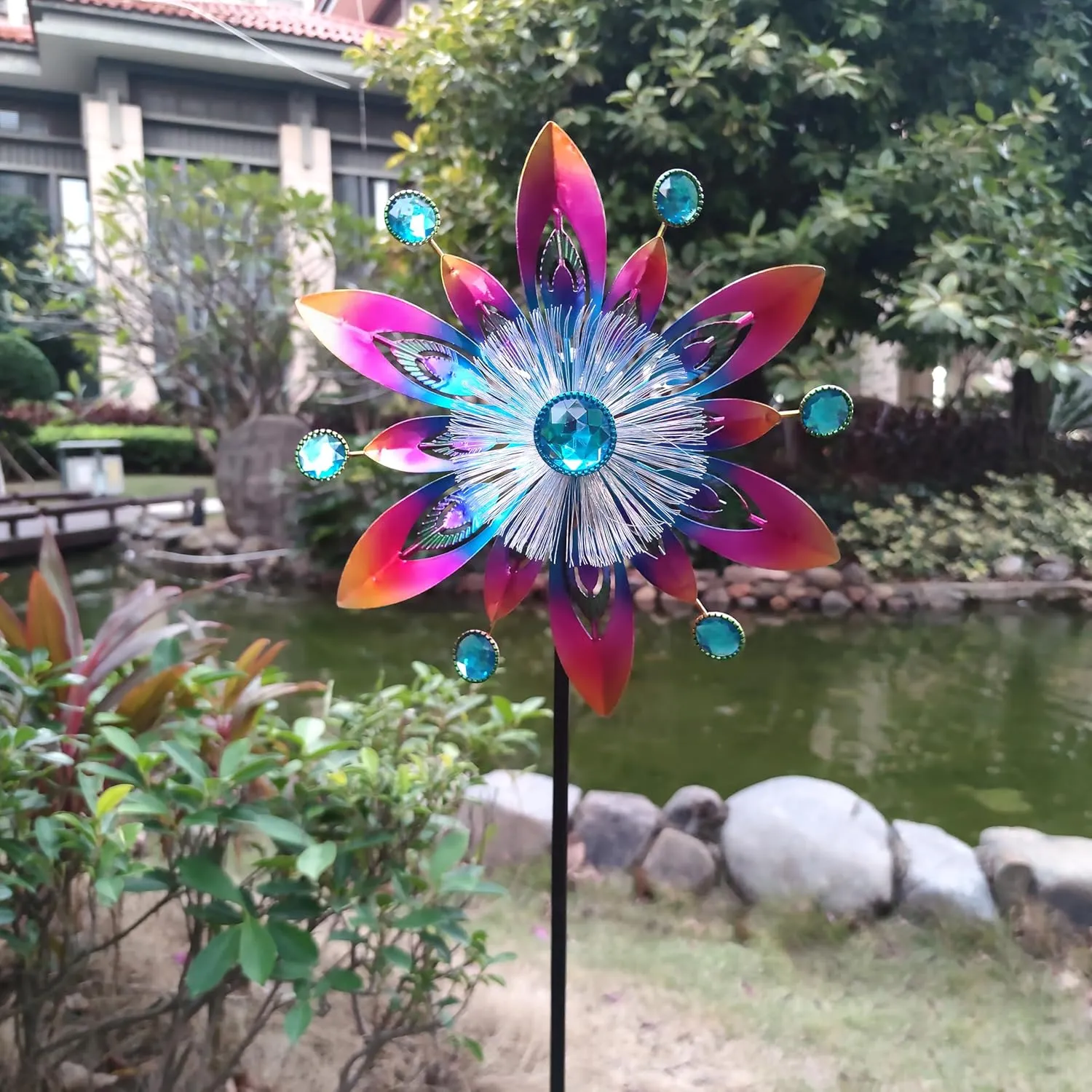 COOZZYHOR Soalr Wind Spinners Garden Stake,42 Inch Metal Peacock Feather Fiber Optic Windmills,Wind Sculpture Decor for Lawn, Patio&Yard Outdoor Decorations