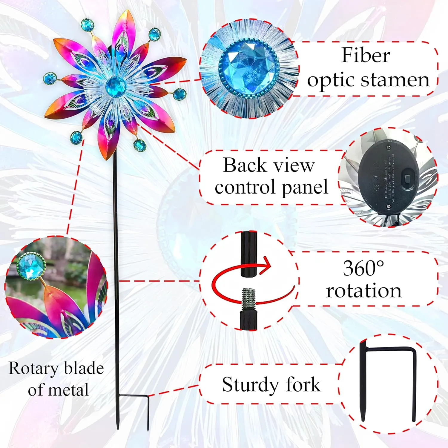 COOZZYHOR Soalr Wind Spinners Garden Stake,42 Inch Metal Peacock Feather Fiber Optic Windmills,Wind Sculpture Decor for Lawn, Patio&Yard Outdoor Decorations