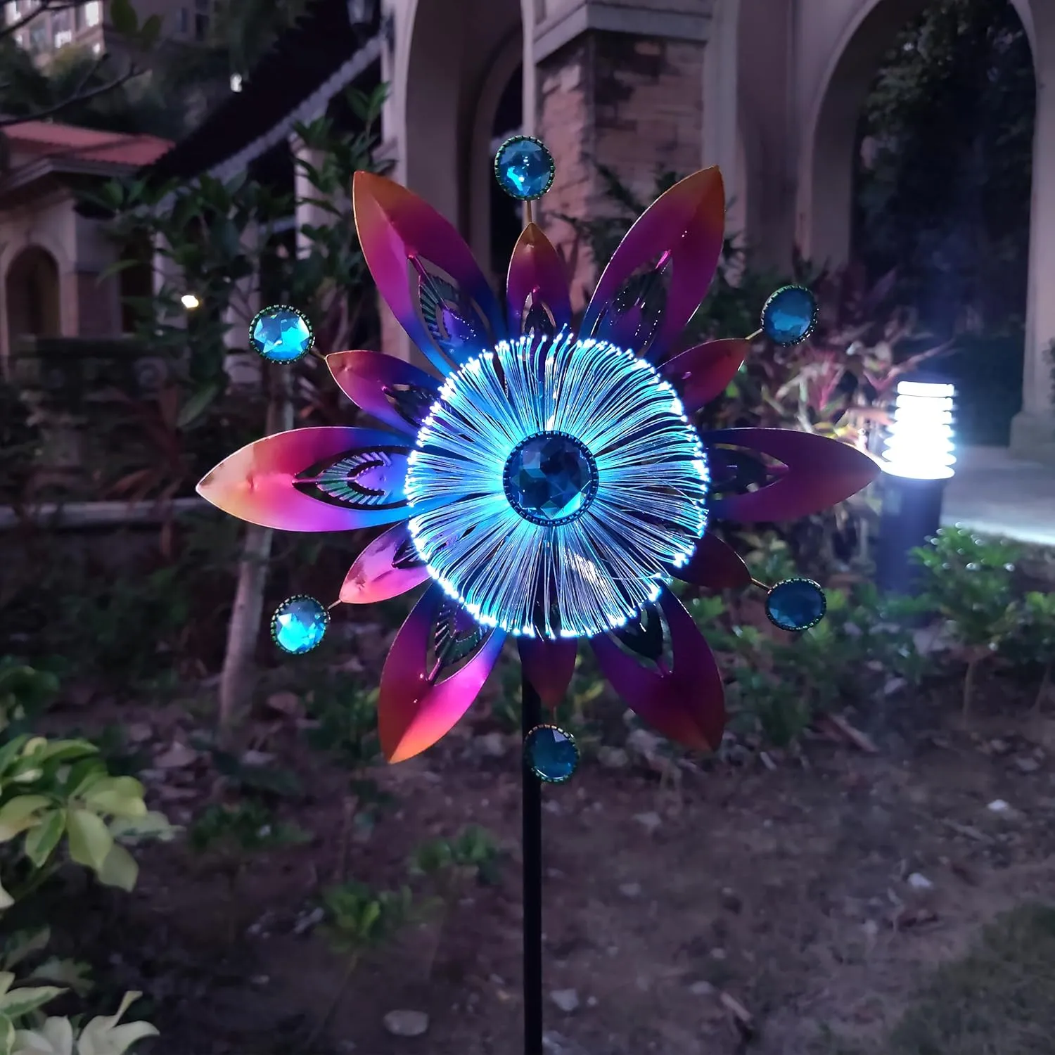 COOZZYHOR Soalr Wind Spinners Garden Stake,42 Inch Metal Peacock Feather Fiber Optic Windmills,Wind Sculpture Decor for Lawn, Patio&Yard Outdoor Decorations