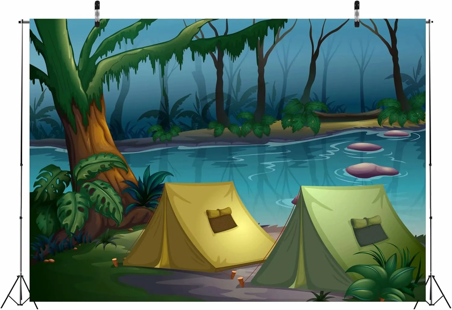 CORFOTO Fabric 8x6ft Camping Backdrop Riverside Jungle Camp Cartoon Picture Photography Background Camping Themed Party Supplies Bridal Shower Decorations Photo Frame Props Polyester Wallpaper