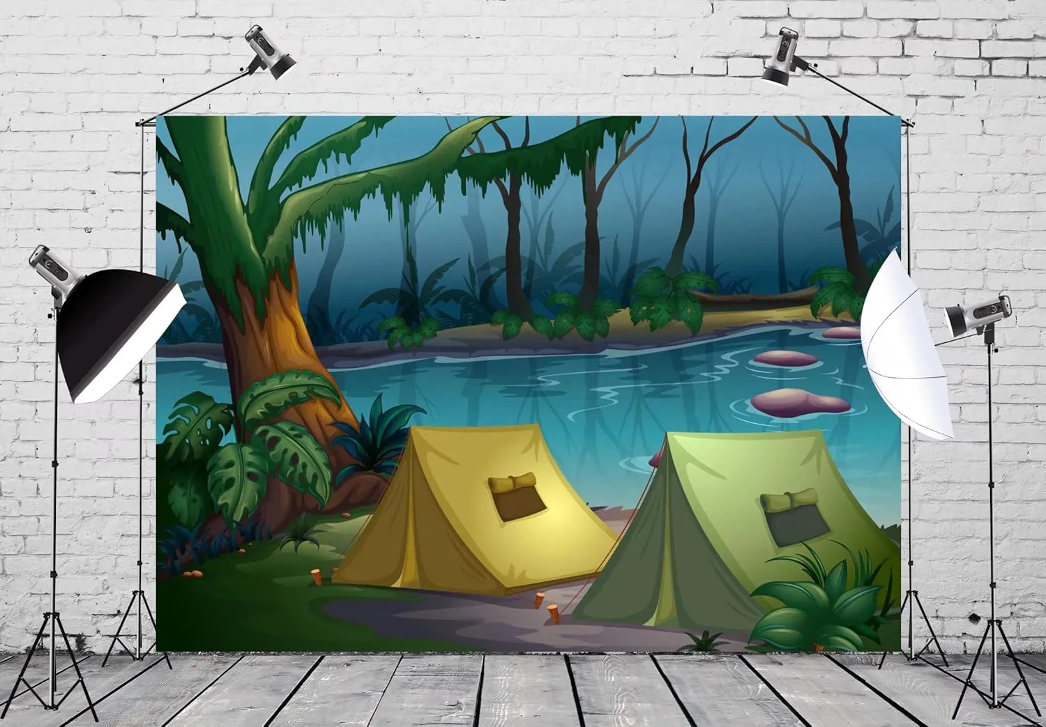 CORFOTO Fabric 8x6ft Camping Backdrop Riverside Jungle Camp Cartoon Picture Photography Background Camping Themed Party Supplies Bridal Shower Decorations Photo Frame Props Polyester Wallpaper
