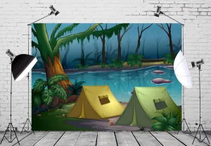 CORFOTO Fabric 8x6ft Camping Backdrop Riverside Jungle Camp Cartoon Picture Photography Background Camping Themed Party Supplies Bridal Shower Decorations Photo Frame Props Polyester Wallpaper