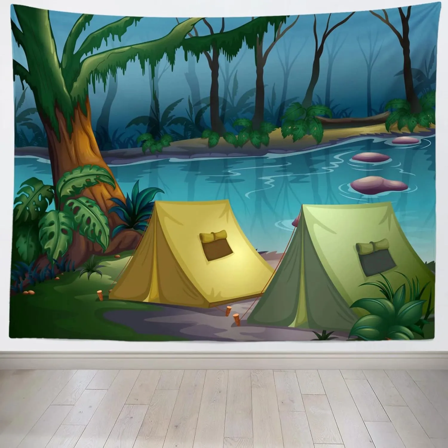 CORFOTO Fabric 8x6ft Camping Backdrop Riverside Jungle Camp Cartoon Picture Photography Background Camping Themed Party Supplies Bridal Shower Decorations Photo Frame Props Polyester Wallpaper