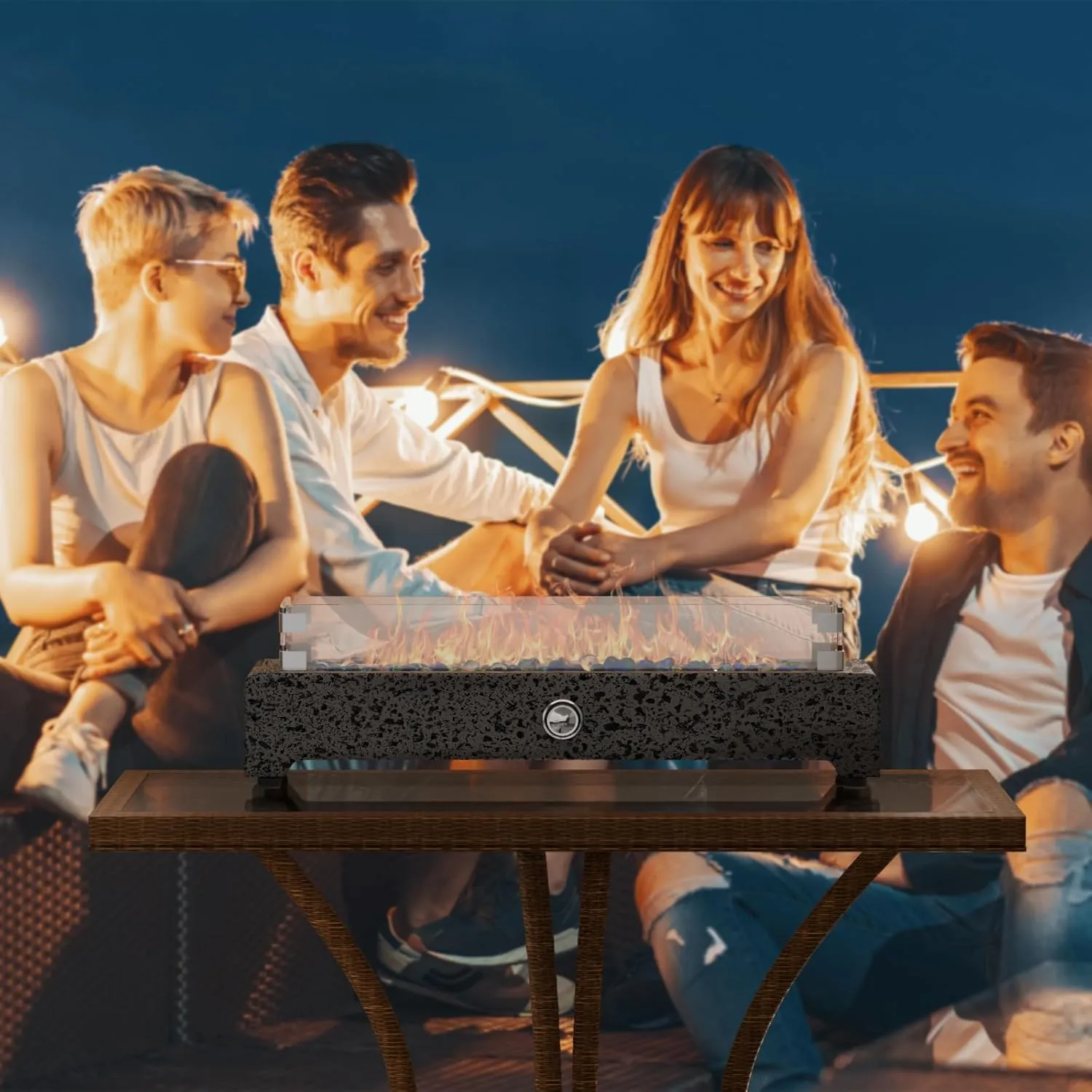 COSIEST 28-Inch Tabletop Fire Pit, CSA Certified Stainless Steel Small Table Fireplace with Rectangular Magnesium Oxide Base, 40,000 BTU Burner, Glass Rocks, Glass Windshield for Patio, Parties, Gray
