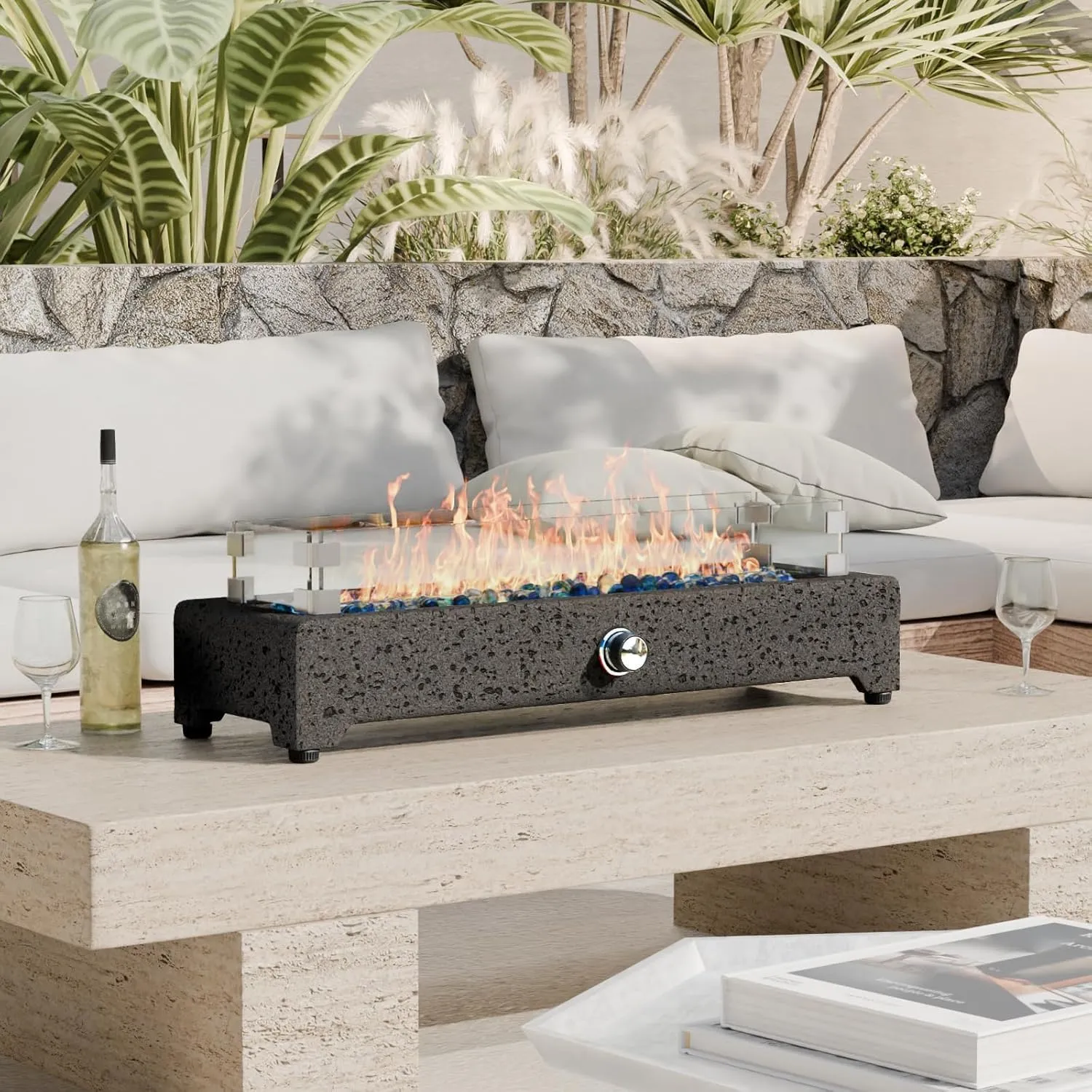COSIEST 28-Inch Tabletop Fire Pit, CSA Certified Stainless Steel Small Table Fireplace with Rectangular Magnesium Oxide Base, 40,000 BTU Burner, Glass Rocks, Glass Windshield for Patio, Parties, Gray