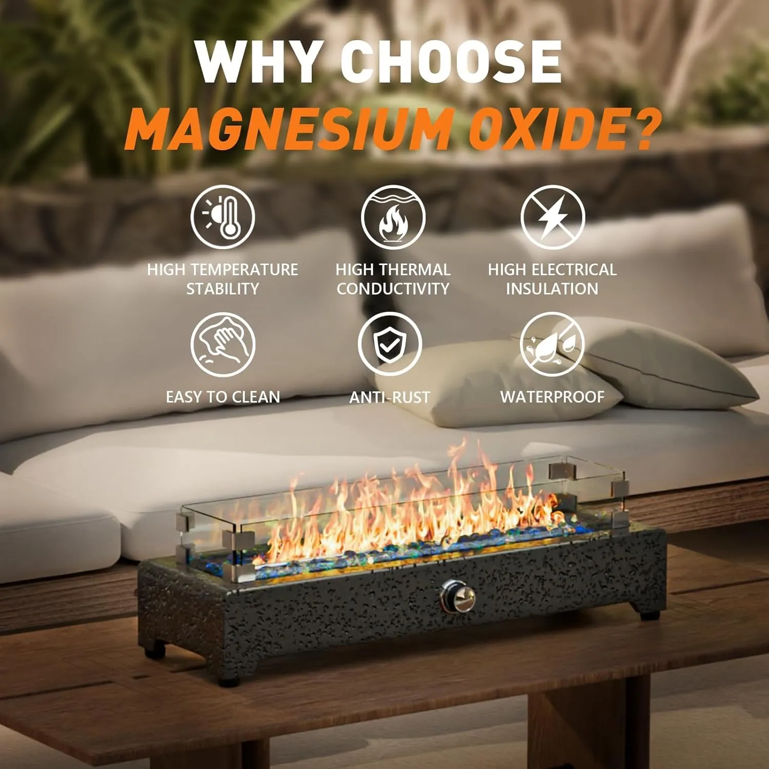 COSIEST 28-Inch Tabletop Fire Pit, CSA Certified Stainless Steel Small Table Fireplace with Rectangular Magnesium Oxide Base, 40,000 BTU Burner, Glass Rocks, Glass Windshield for Patio, Parties, Gray