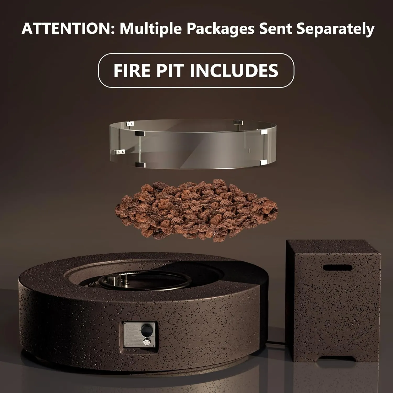 COSIEST 42 inch Outdoor Propane Fire Pit Coffee Table w Concrete Round Base Patio Heater, CSA Certified, 50,000 BTU Stainless Steel Burner, Free Lava Rocks, Rain Cover, Wind Guard, Tank Cover