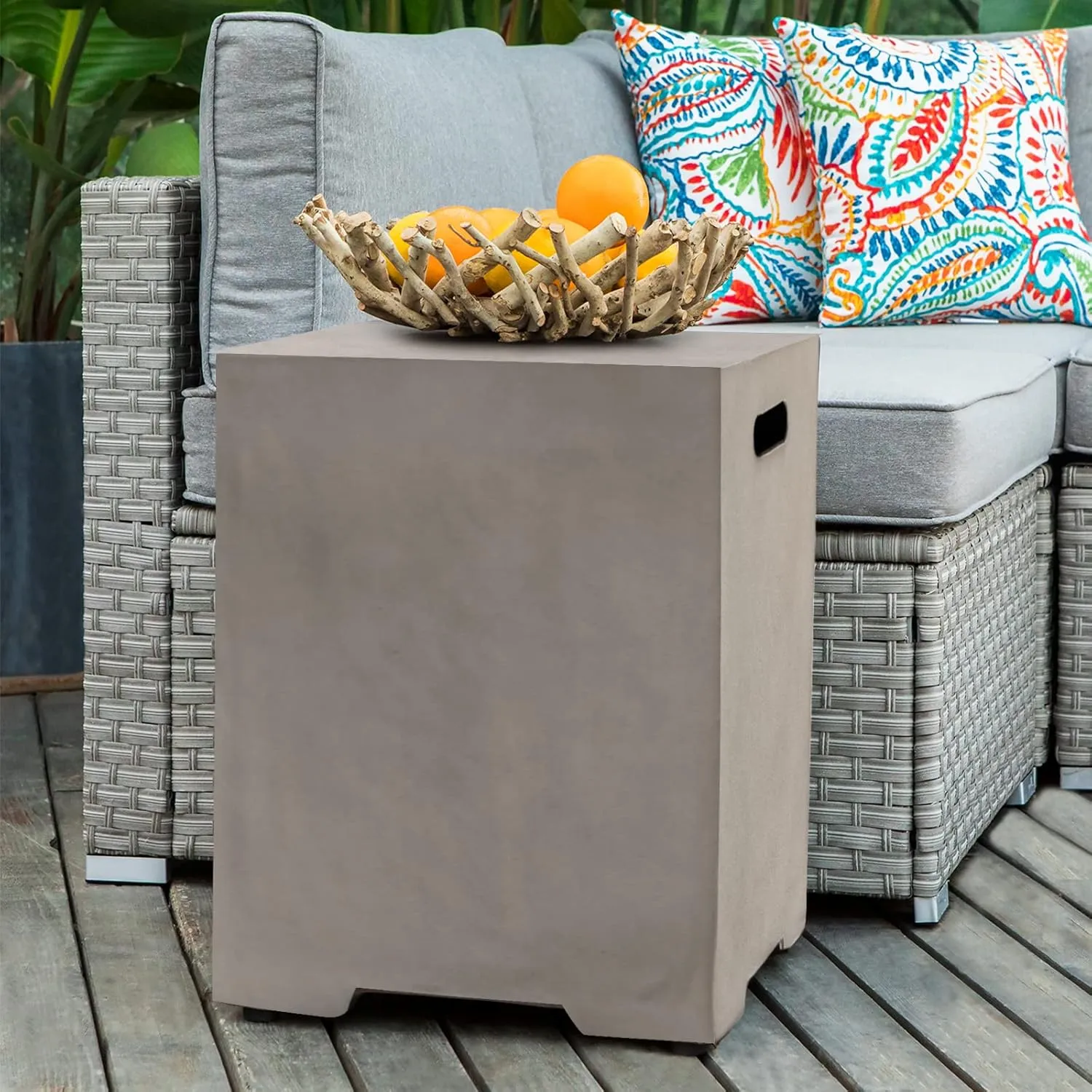 COSIEST Outdoor Hideaway Tank Table for Gas Fire Pits, Hides Standard 20lb 16-inch Propane Tank Cover w Side Handles (Mist Gray)