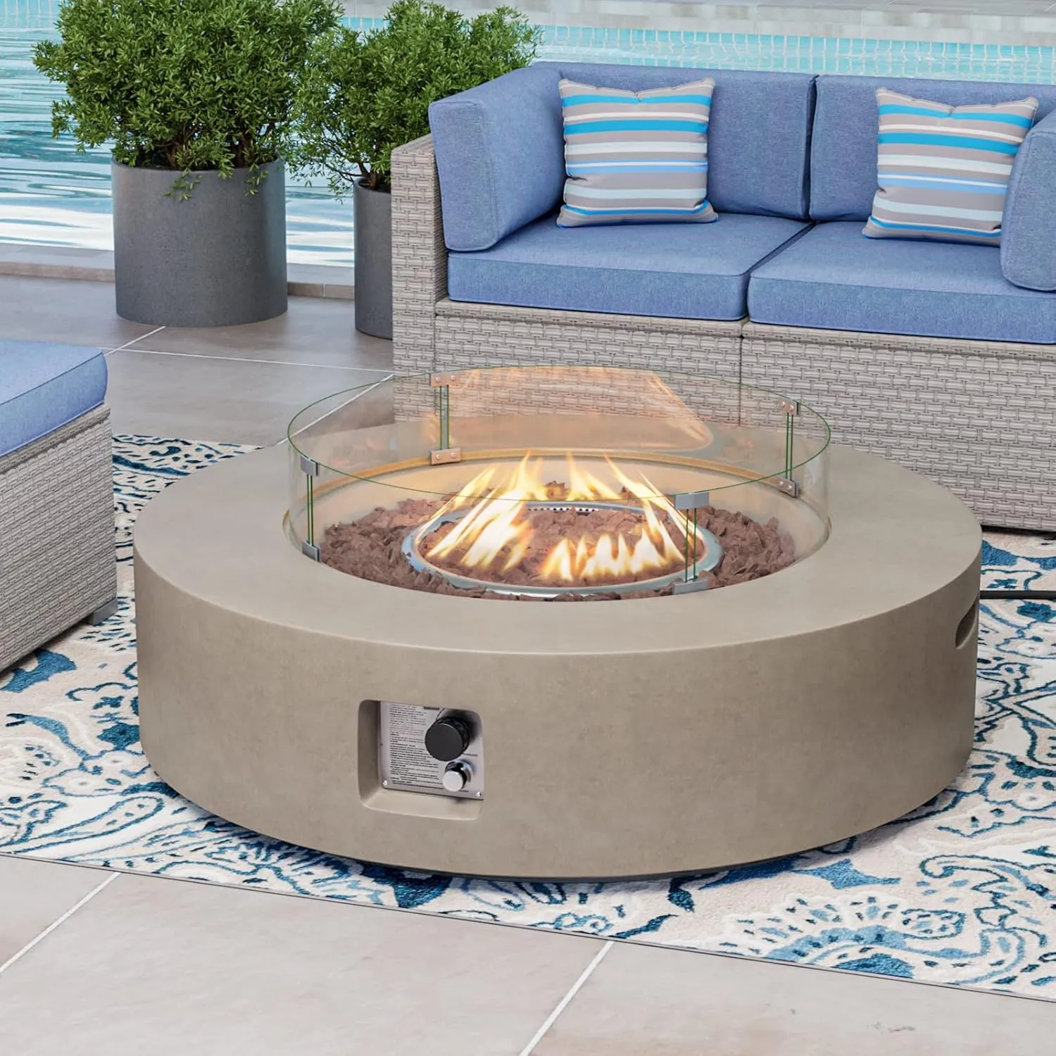 COSIEST Outdoor Propane Fire Pit Coffee Table w Gray 42 inch Round Base Patio Heater, CSA Certified, 50,000 BTU Stainless Steel Burner, Wind Guard, Tank Outside, Free Lava Rocks, Waterproof Cover